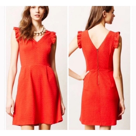 Anthropologie Tabitha Dress Womens 14 Cherie Red VNeck Ruffle Cap Sleeve Pockets - Picture 1 of 13